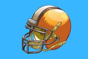 Cartoon graphic of orange American football helmet on blue background.