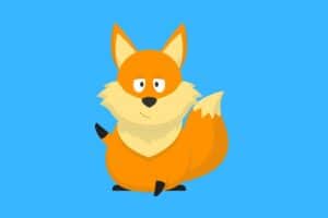 Cartoon graphic of waving funny fox on blue background.