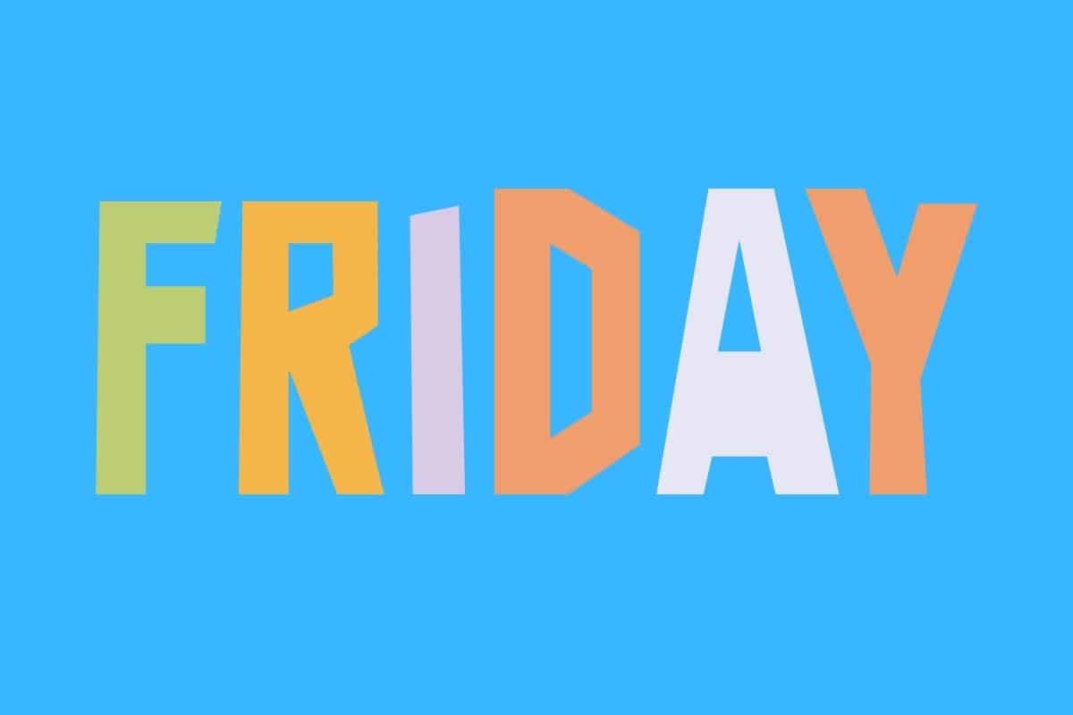 Cartoon graphic of multicolored word of Friday on blue background.