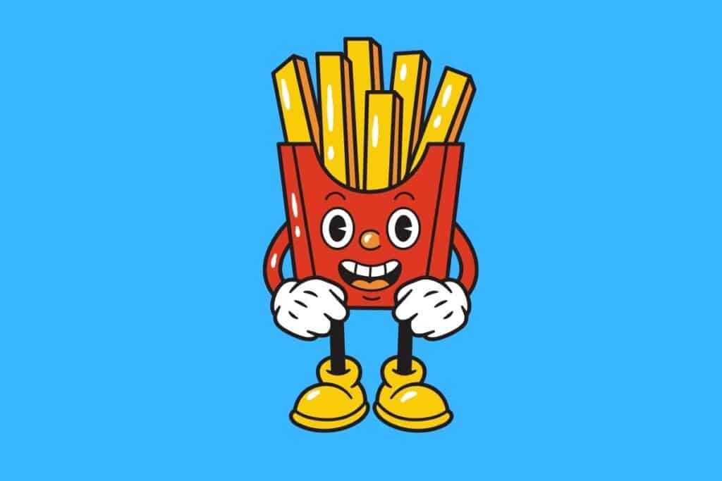 Cartoon graphic of smiling happy red packet of fries standing on blue background.