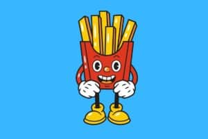 Cartoon graphic of smiling happy red packet of fries standing on blue background.