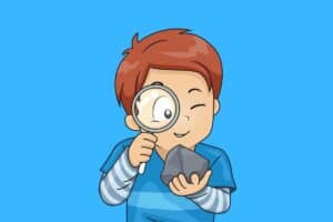 Cartoon graphic of boy looking at a rock with magnifying glass on blue background.