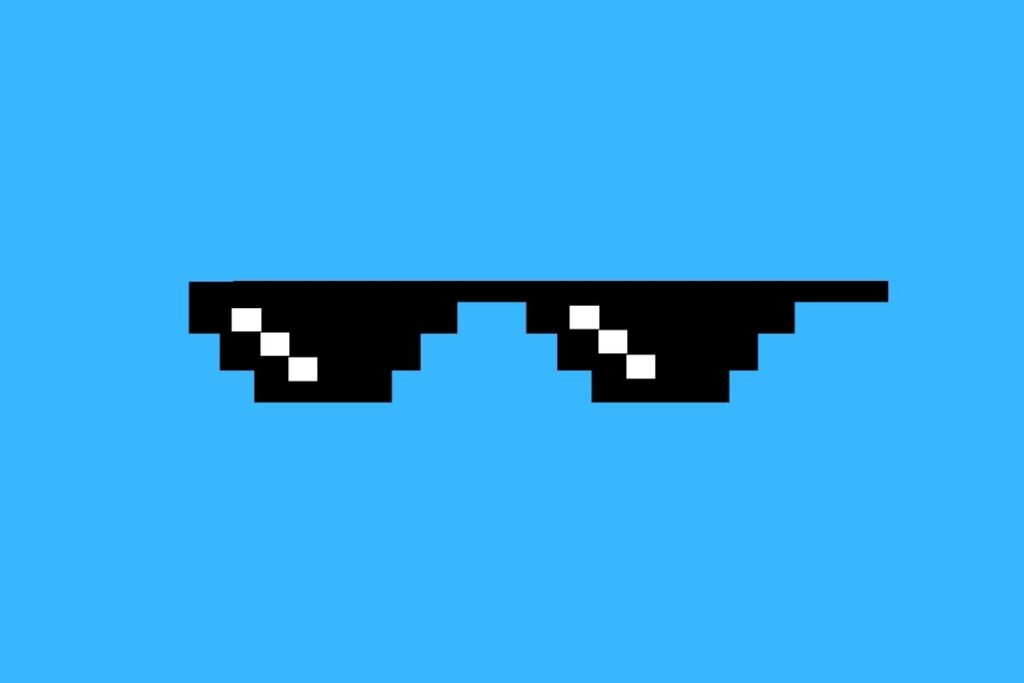 Cartoon graphic of meme sunglasses on blue background.