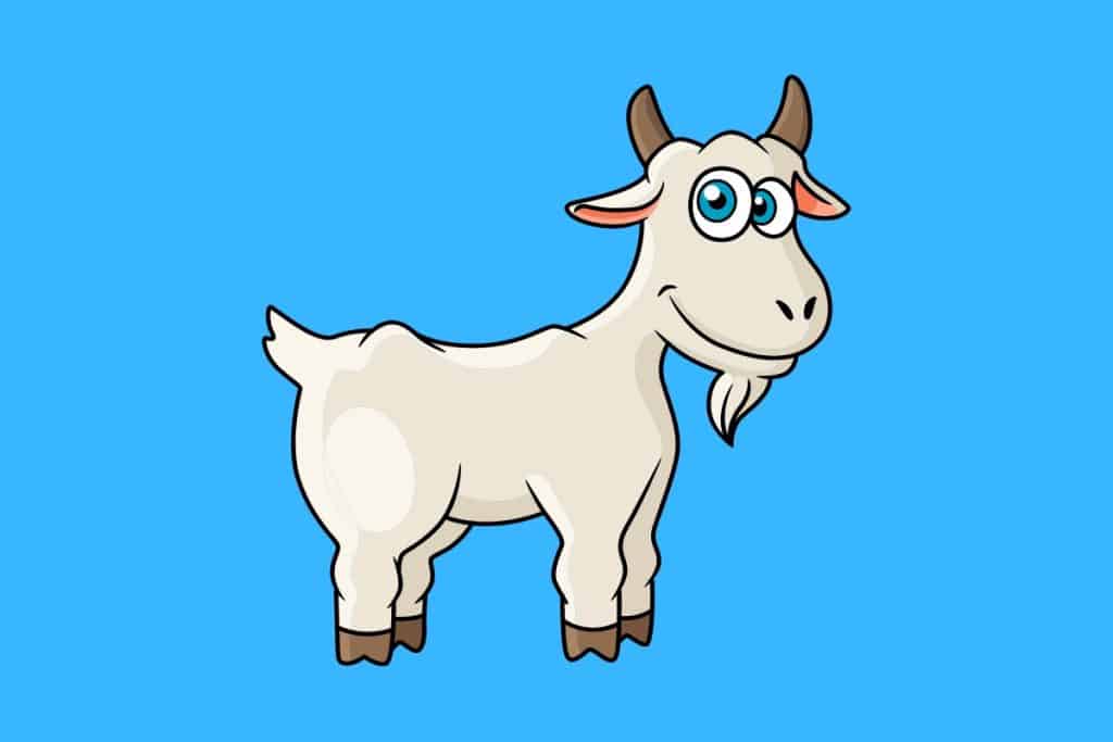 Cartoon graphic of a smiling goat looking with blue eyes on blue background.