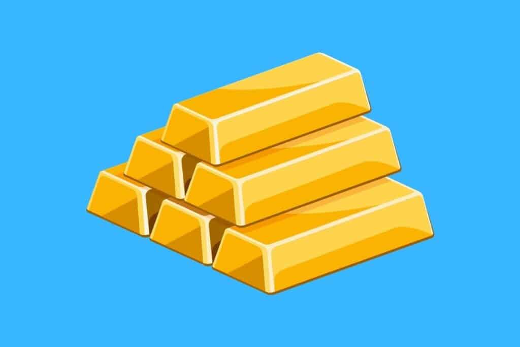 Cartoon graphic of stacked golden bars on blue background.