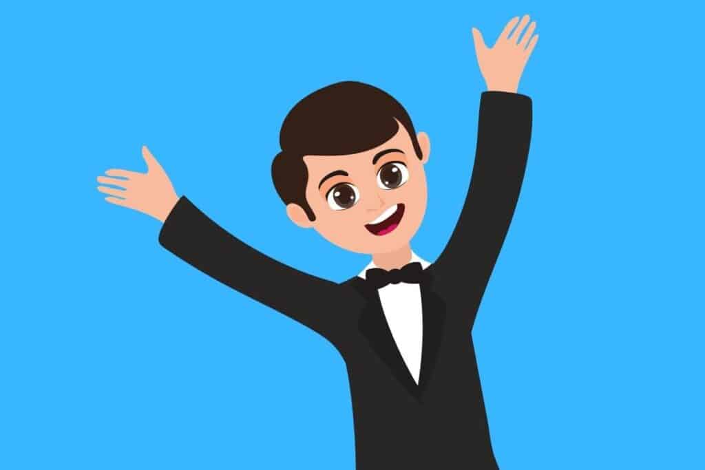 Cartoon graphic of groom with his hands in the air on blue background.
