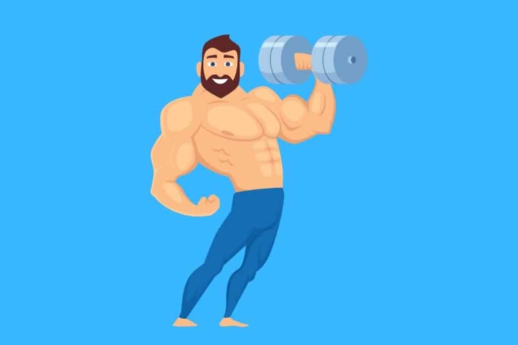 Cartoon graphic of man lifting weight with shirt off on blue background.