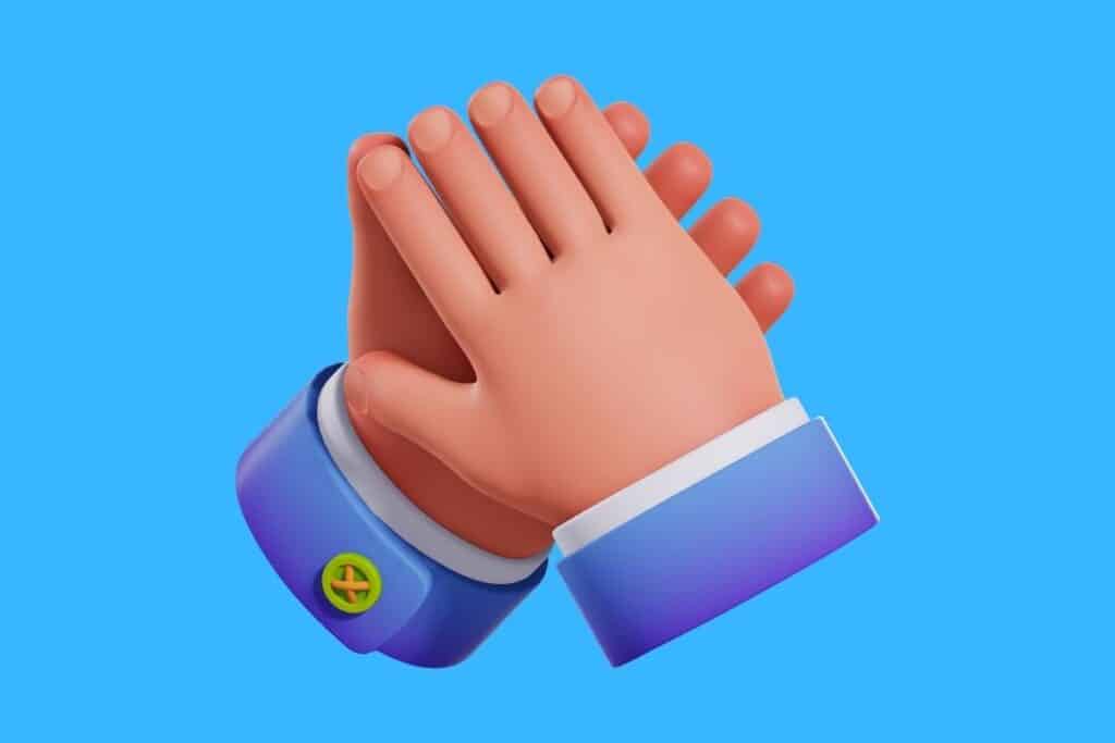 Cartoon graphic of two hands doing high five on blue background.