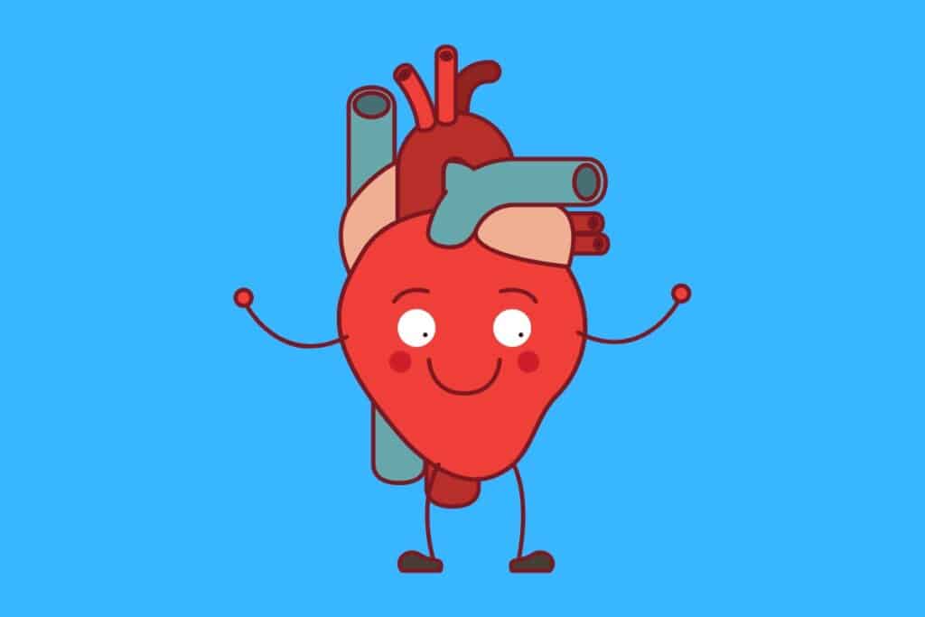 Cartoon graphic of happy human heart with arms and legs on blue background.