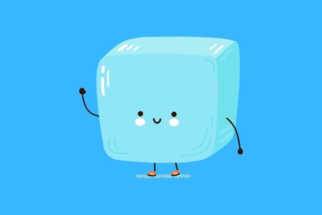 Cartoon graphic of ice cube waving and with a smiling face on blue background.