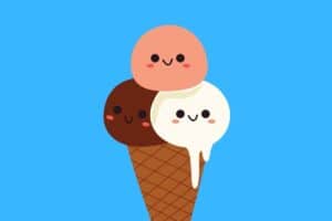 Cartoon graphic of ice cream with 3 faces, one on each scoop on blue background.