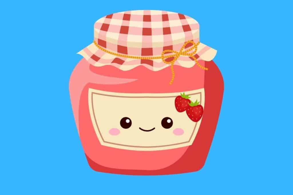 Cartoon graphic of a jar of strawberry jam with smiling face on blue background.