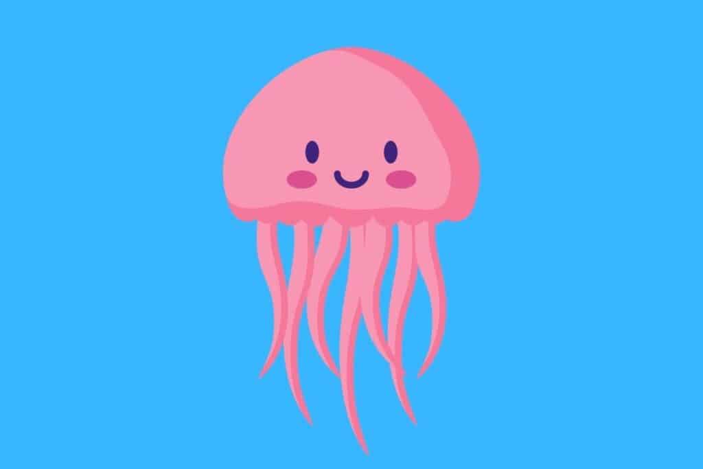 Cartoon graphic of smiling jellyfish that is smiling on blue background.