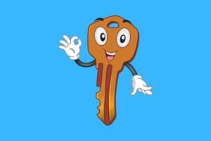 Cartoon graphic of key with face and doing the ok sign on blue background.