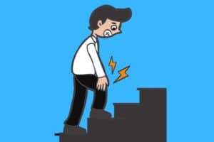 Cartoon graphic of man climbing stairs with knee pain on blue background.