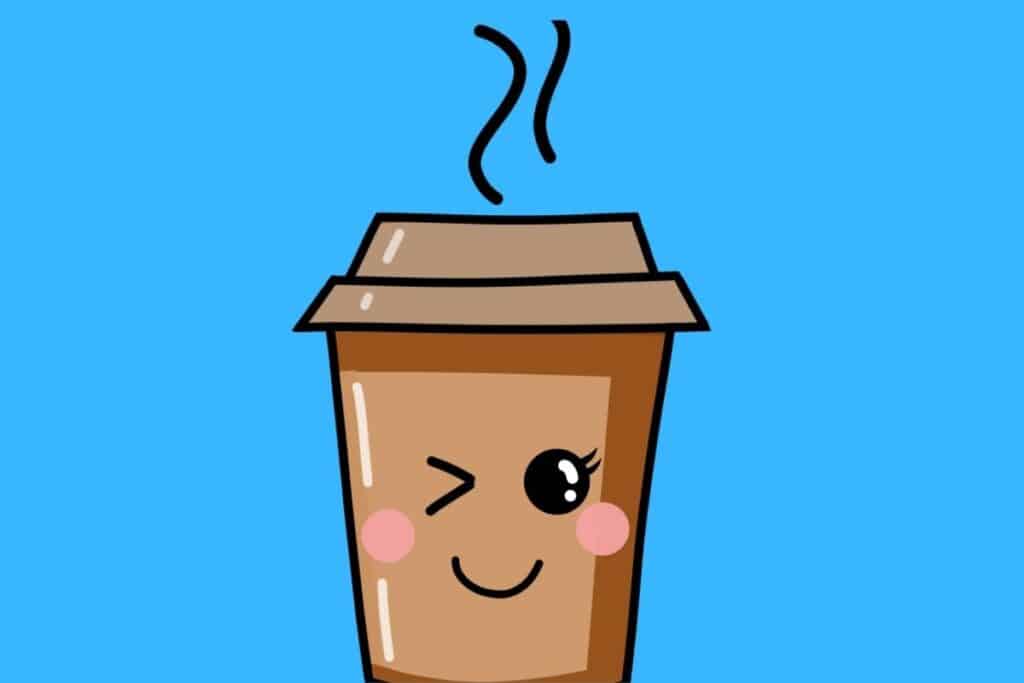 Cartoon graphic of winking latte coffee cup on blue background.