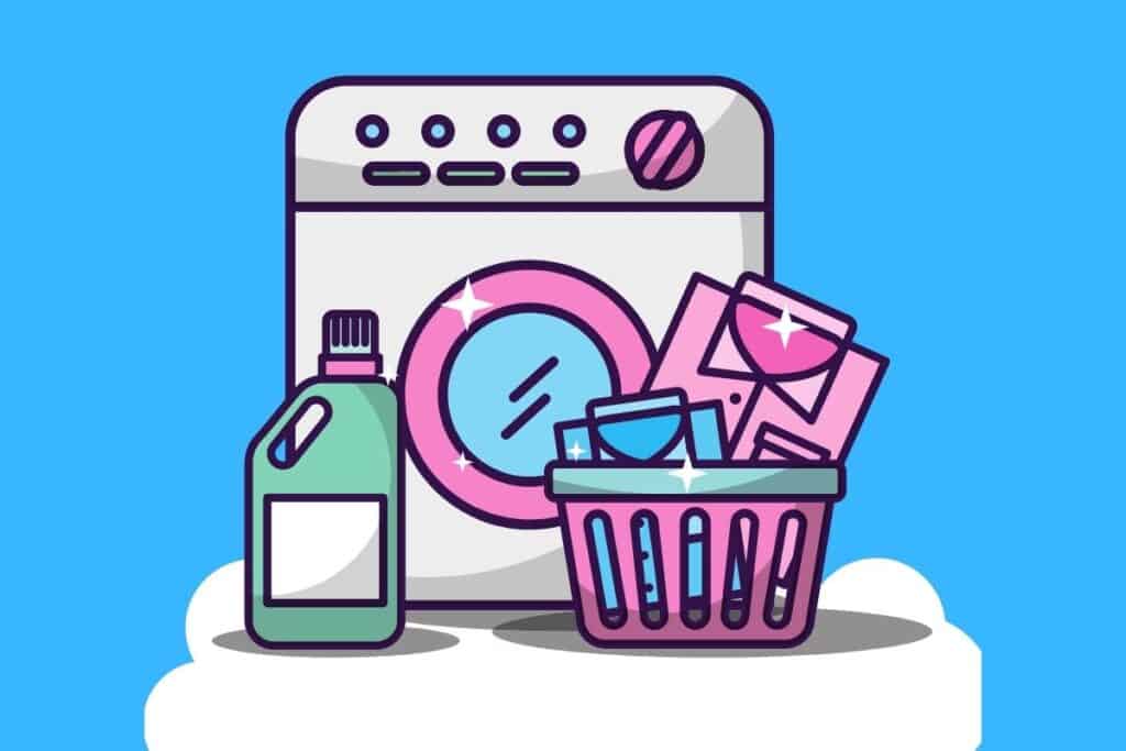 Cartoon graphic of laundry with cleaning products on blue background.