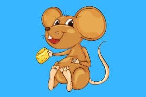 Cartoon graphic of a brown mouse smiling and eating a piece of cheese on blue background.