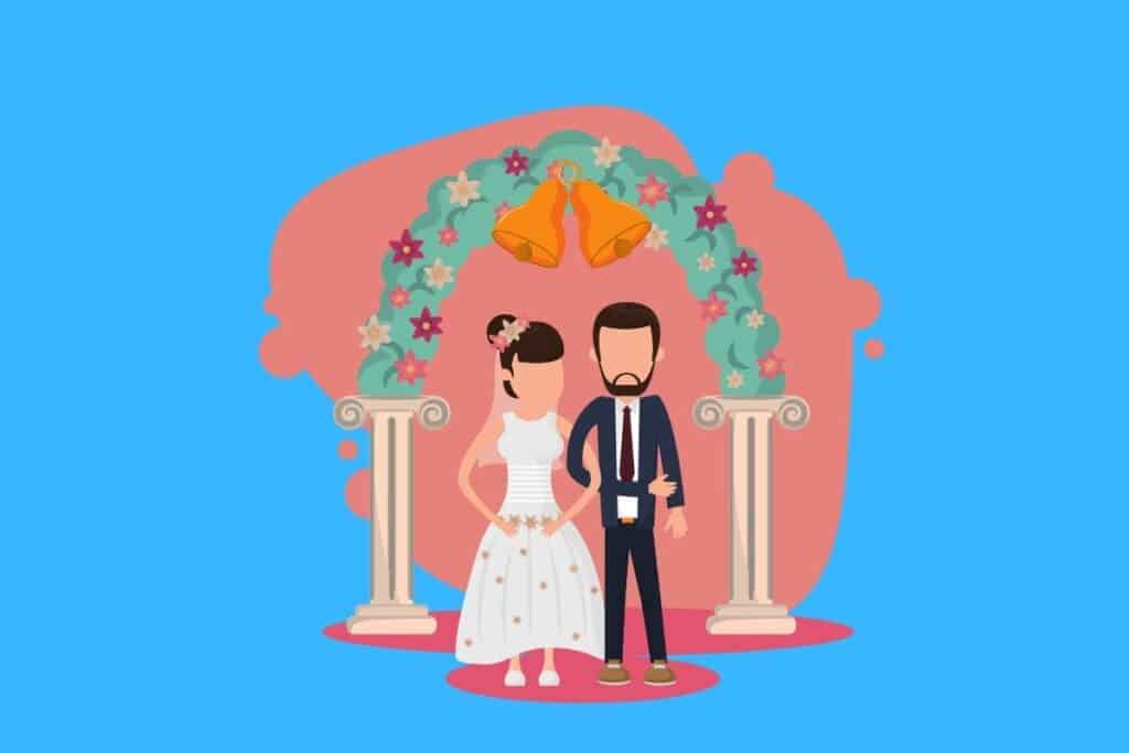 Cartoon graphic of husband and wife at wedding on blue background.