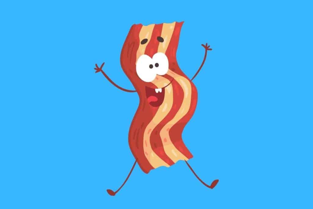 Cartoon graphic of happy jumping bacon on blue background.