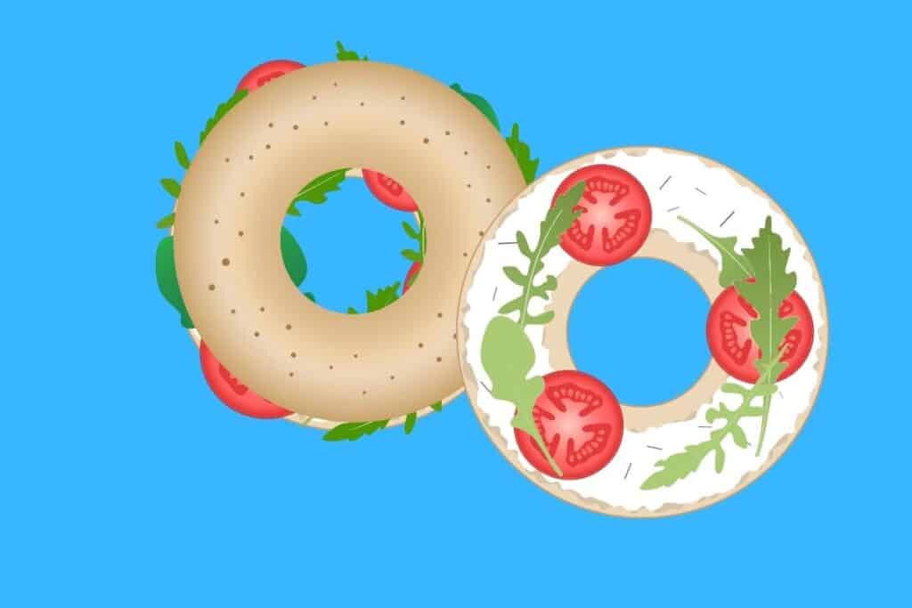 Cartoon graphic of 2 bagels, one is a half with tomato and lettuce on blue background.