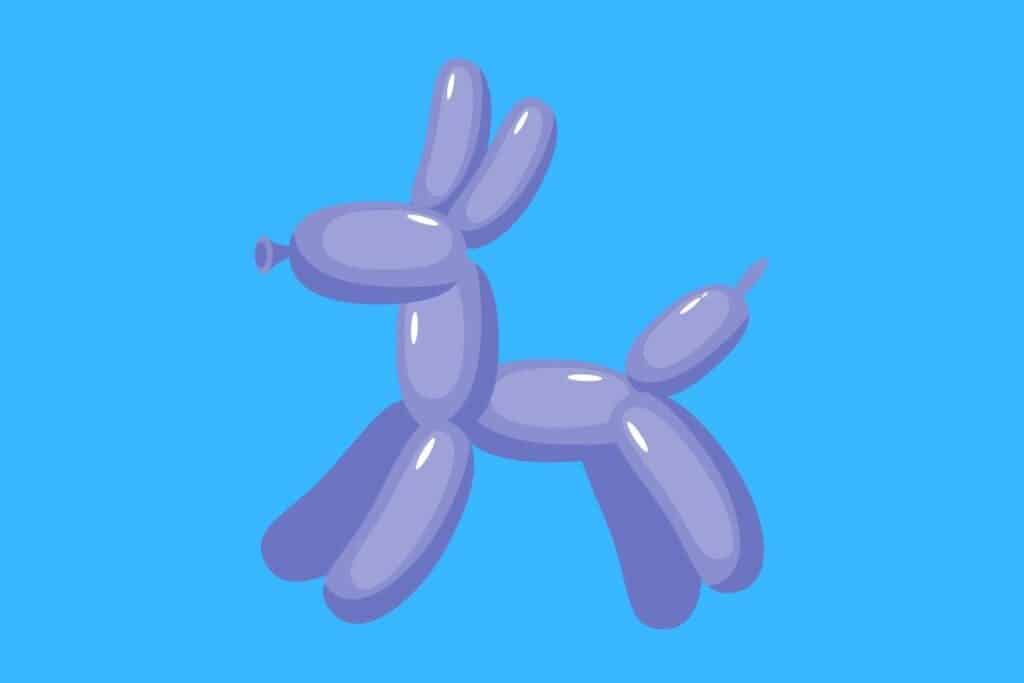 Cartoon graphic of blue balloon dog on blue background.
