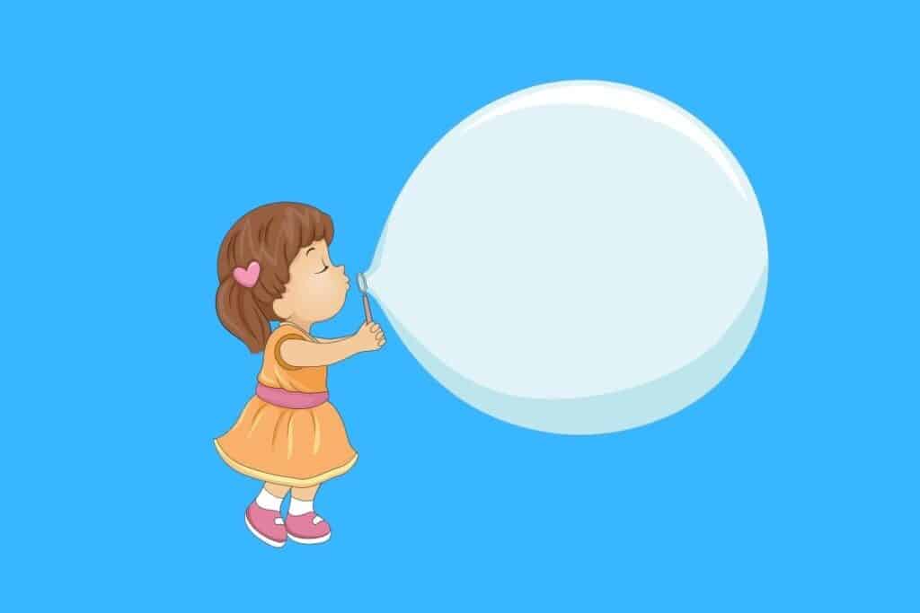 Cartoon graphic of girl blowing massive bubble on blue background.