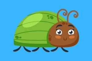 Cartoon graphic of green bug on blue background.