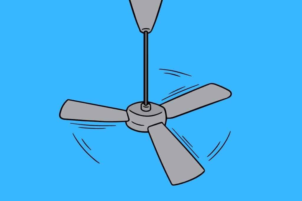 Cartoon graphic of grey ceiling fan on blue background.