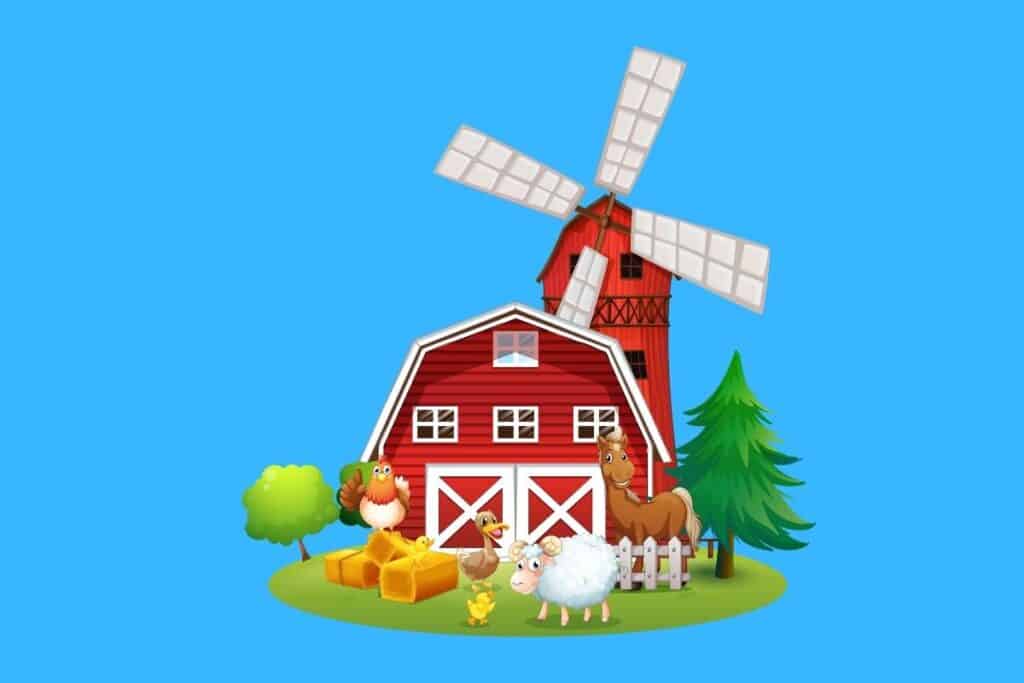 Cartoon graphic of barn and windmill with animals on blue background.