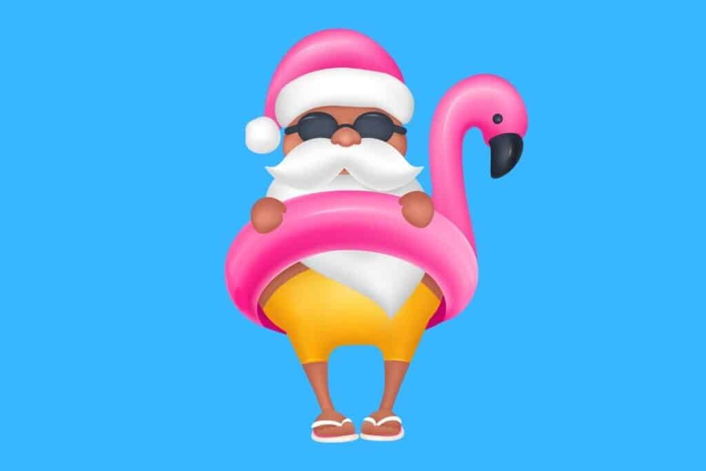 Cartoon graphic of santa with pink flamingo pool balloon on blue background.