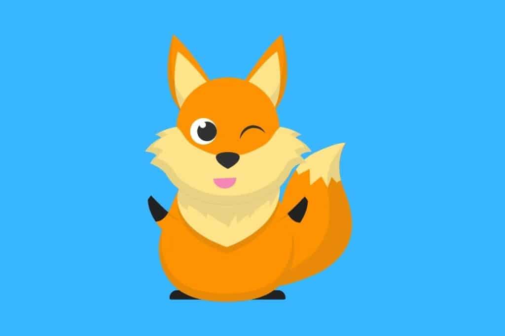 Cartoon graphic of waving and winking fox on blue background.