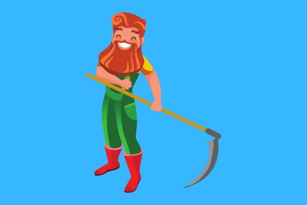 Cartoon graphic of farmer with scythe and red hair on blue background.