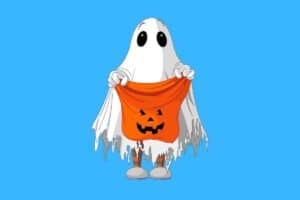 Cartoon graphic of ghosting holding out a pumpkin bag for lollies on blue background.