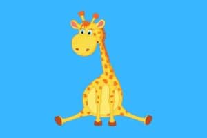 Cartoon graphic of yellow sitting giraffe on blue background.
