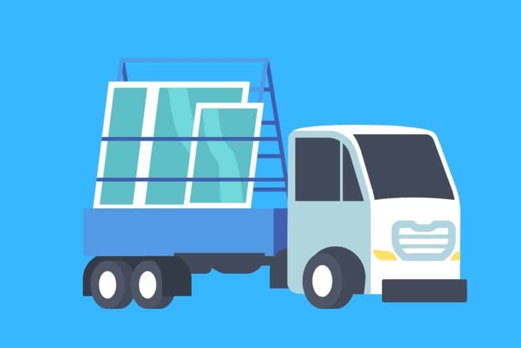 Cartoon graphic of truck moving glass panels on blue background.