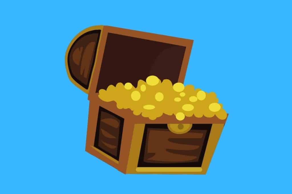 Cartoon graphic of treasure chest of gold on blue background.