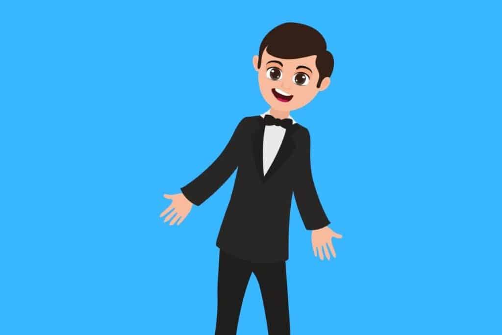 Cartoon graphic of groom with arms out to his side on blue background.