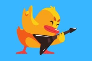 Cartoon graphic of yellow duck playing electric guitar on blue background.