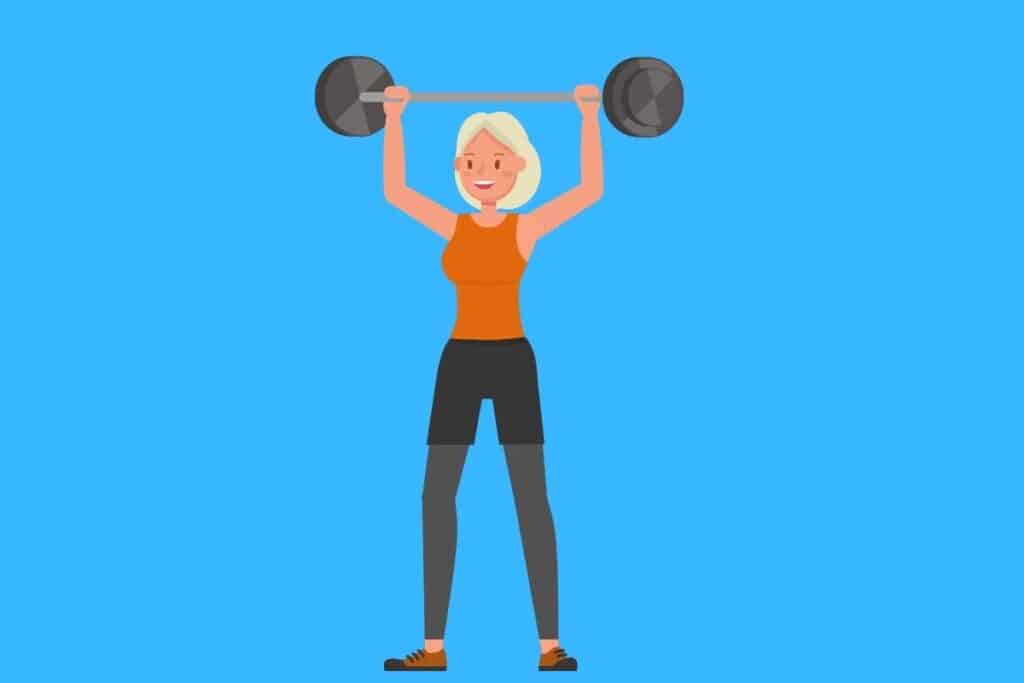 Cartoon graphic of girl lighting weights on blue background.
