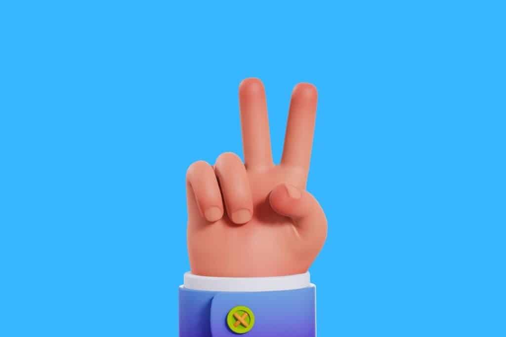 Cartoon graphic of hand doing peace sign on blue background.