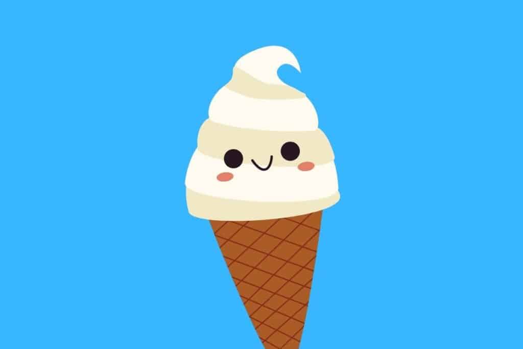 Cartoon graphic of vanilla ice cream with smiling face in cone on blue background.