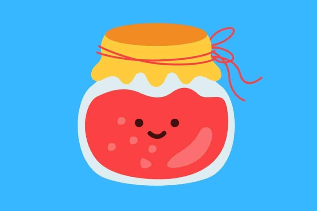 Cartoon graphic of jar of jelly with face smiling on blue background.