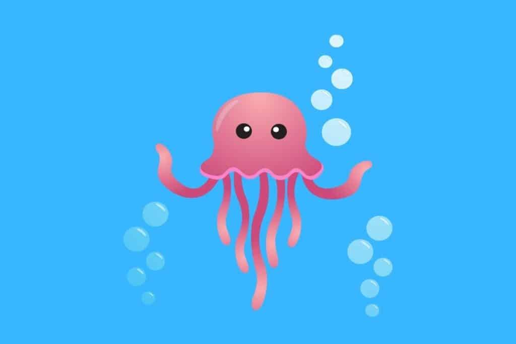 Cartoon graphic of pink jellyfish and bubbles around on blue background.