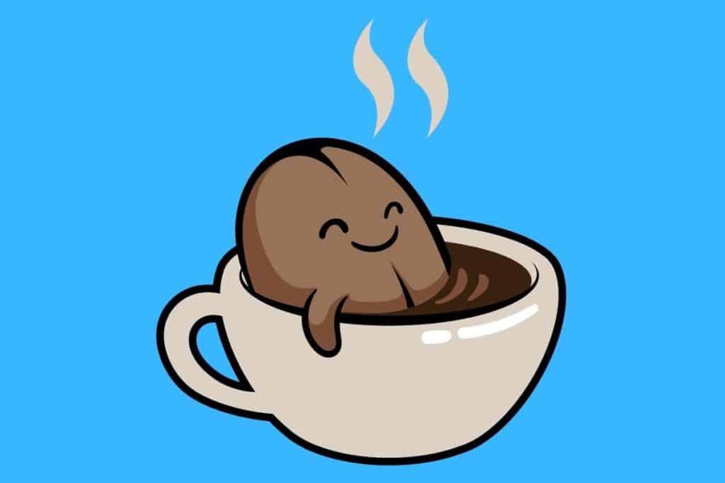 Cartoon graphic of coffee bean having a bath in a latte cup on blue background.
