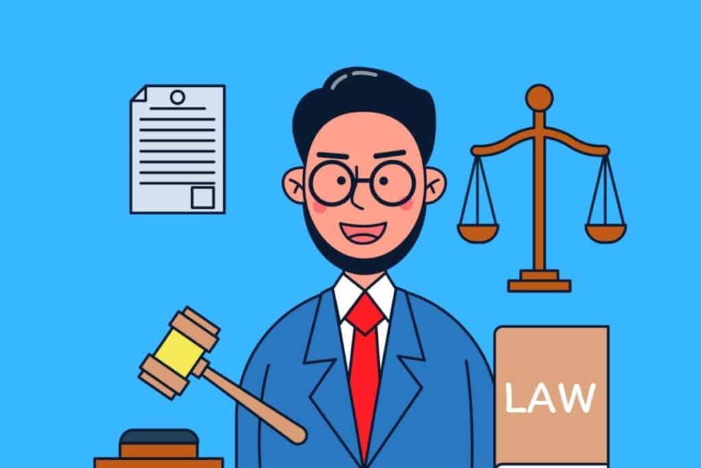 Cartoon graphic of lawyer with gavel and scales and contract on blue background.