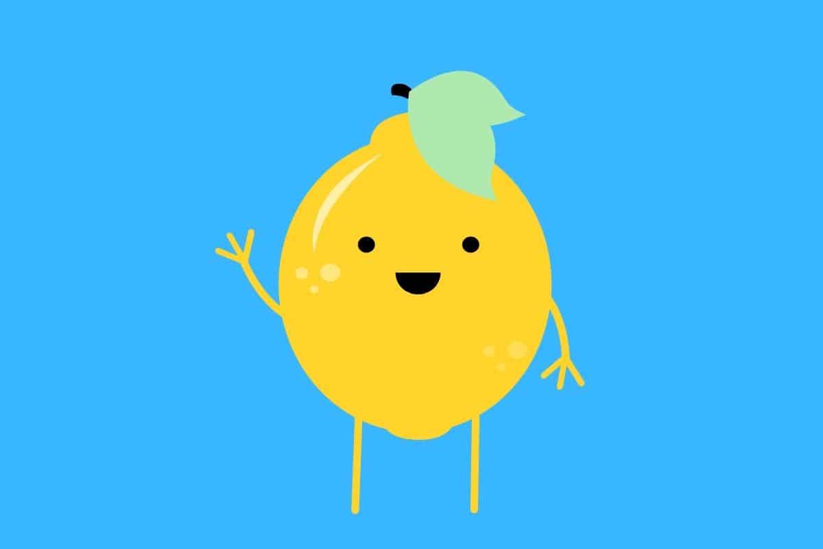 Cartoon graphic of waving and smiling lemon on blue background.
