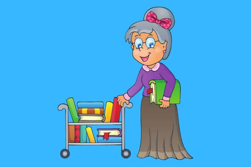 Cartoon graphic of old librarian with books on blue background.