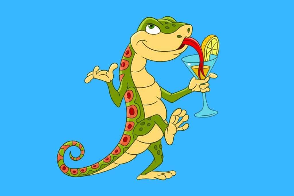 Cartoon graphic of green and red lizard drinking a cocktail on blue background.