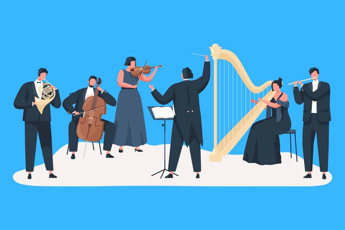 Cartoon graphic of an orchestra with a harp player on blue background.